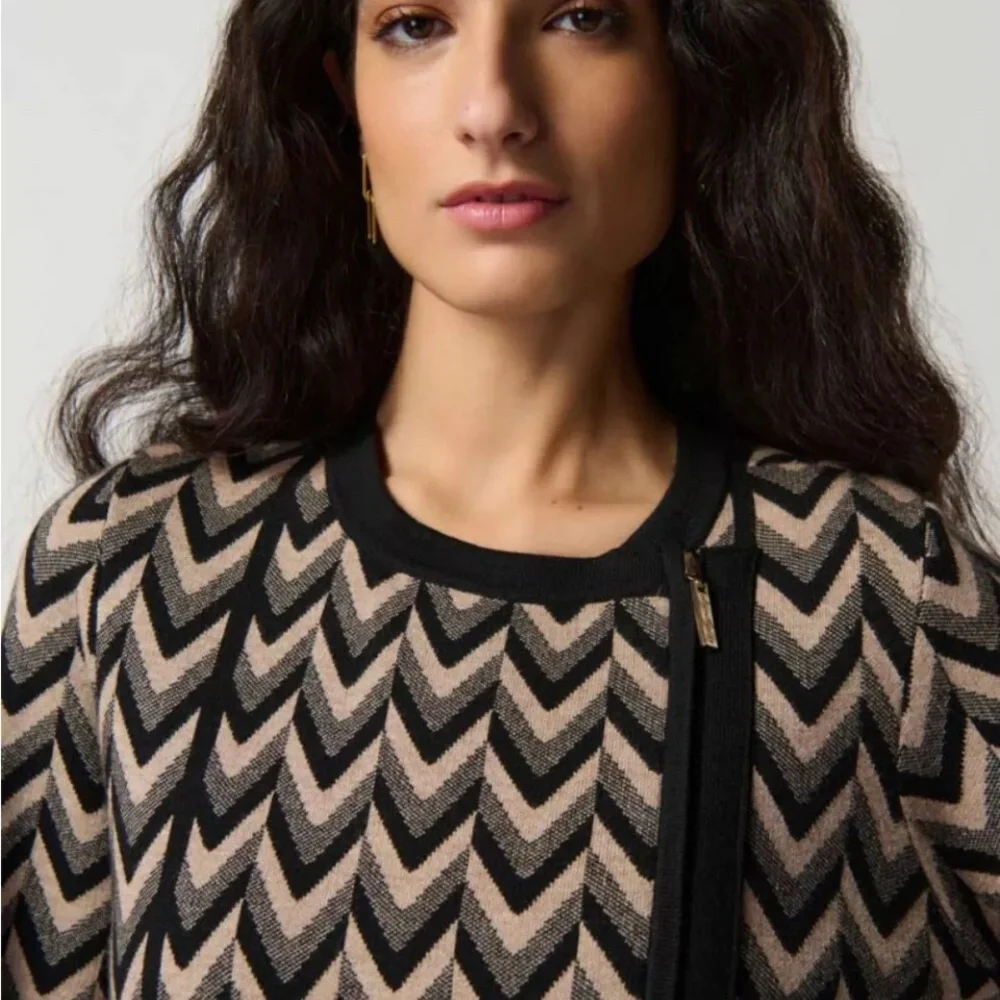 Joseph Ribkoff Black/Latte Chevron Knit Zip-Up Sweater Cover-Up Jacket XL